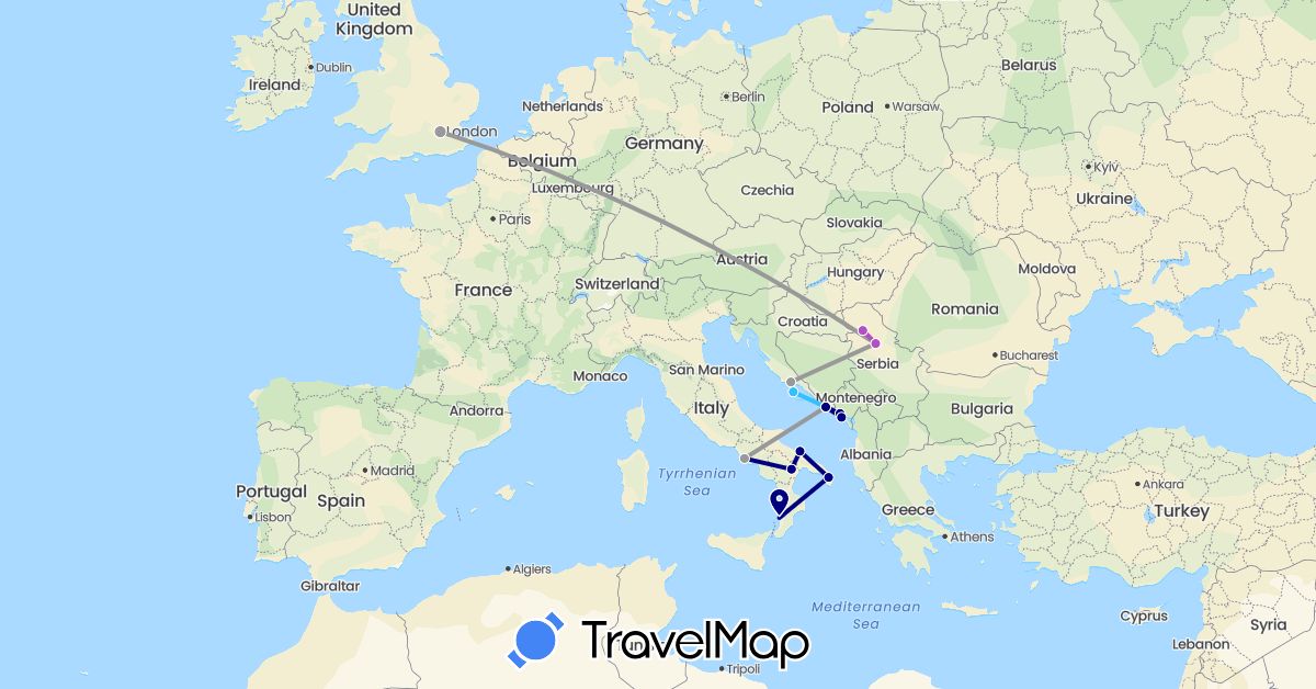 TravelMap itinerary: driving, plane, train, boat in United Kingdom, Croatia, Italy, Montenegro, Serbia (Europe)
